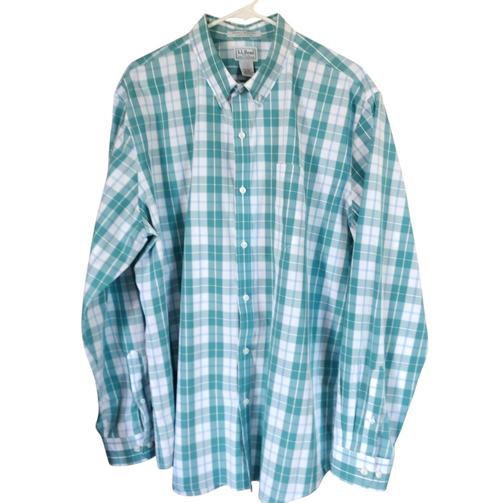 LL Bean  Button Up Shirt Wrinkle Resistant Slightly Fitted Green‎ Plaid Mens XL